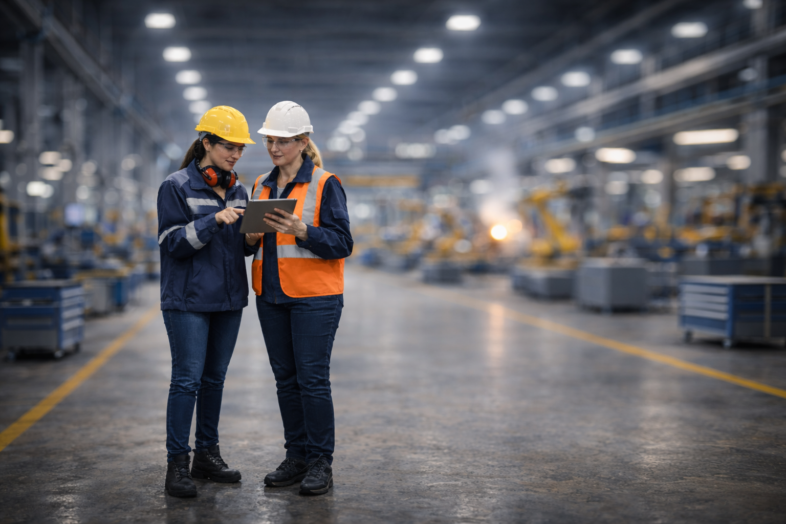 Profissionais de segurança utilizando tecnologia em ambiente industrial